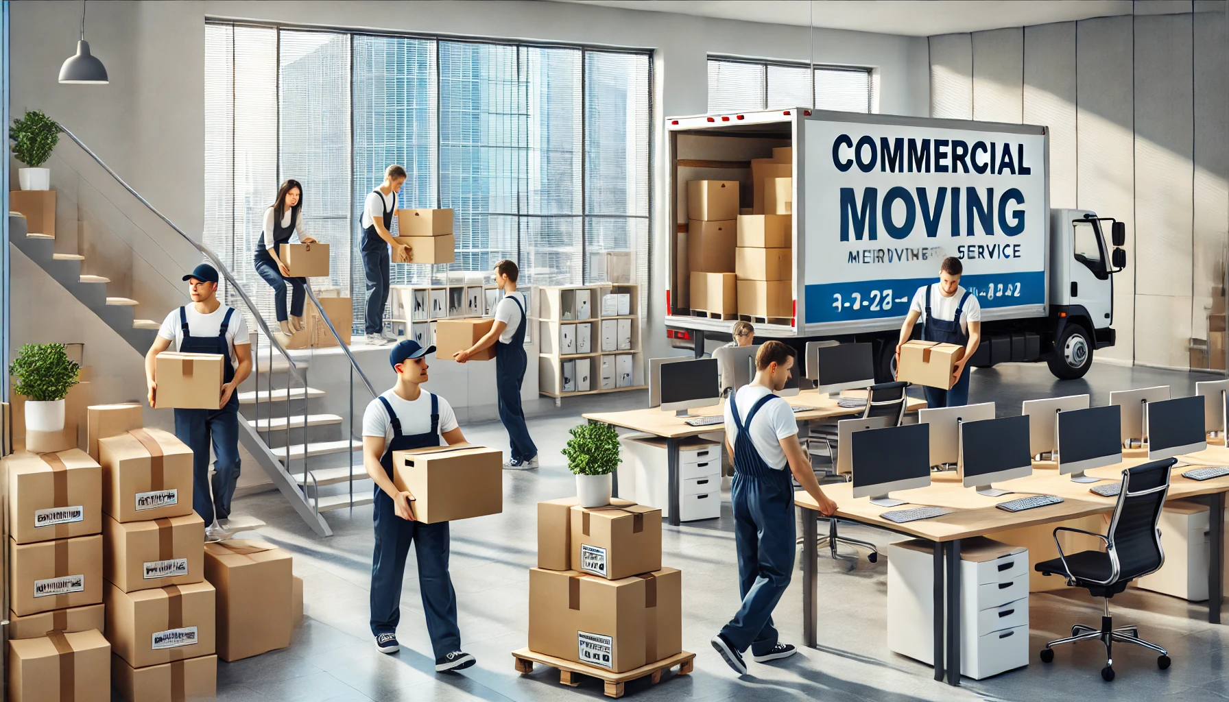 Commercial moving team handling office equipment