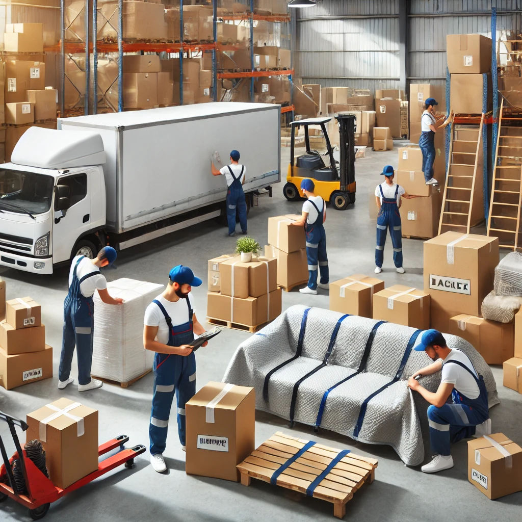 Professional packing team handling household items